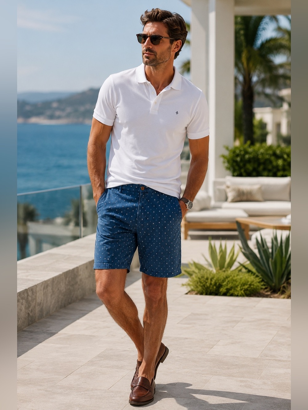 PAIGE Mens Blue Printed Cotton Chino Shorts Size 32 Casual Summer Flat Front